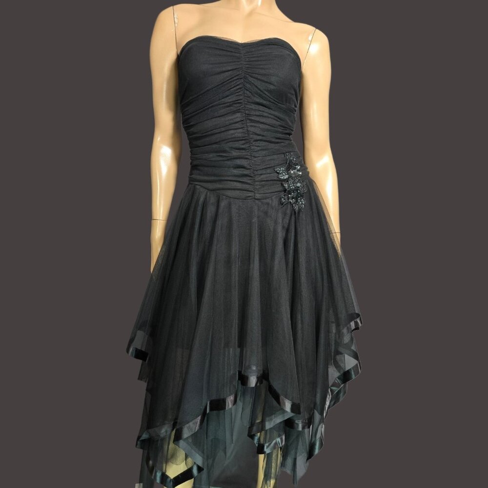 Y2K Black Mesh Prom Party Dress Size S Gothic Fairy Strapless Asymmetric Layered